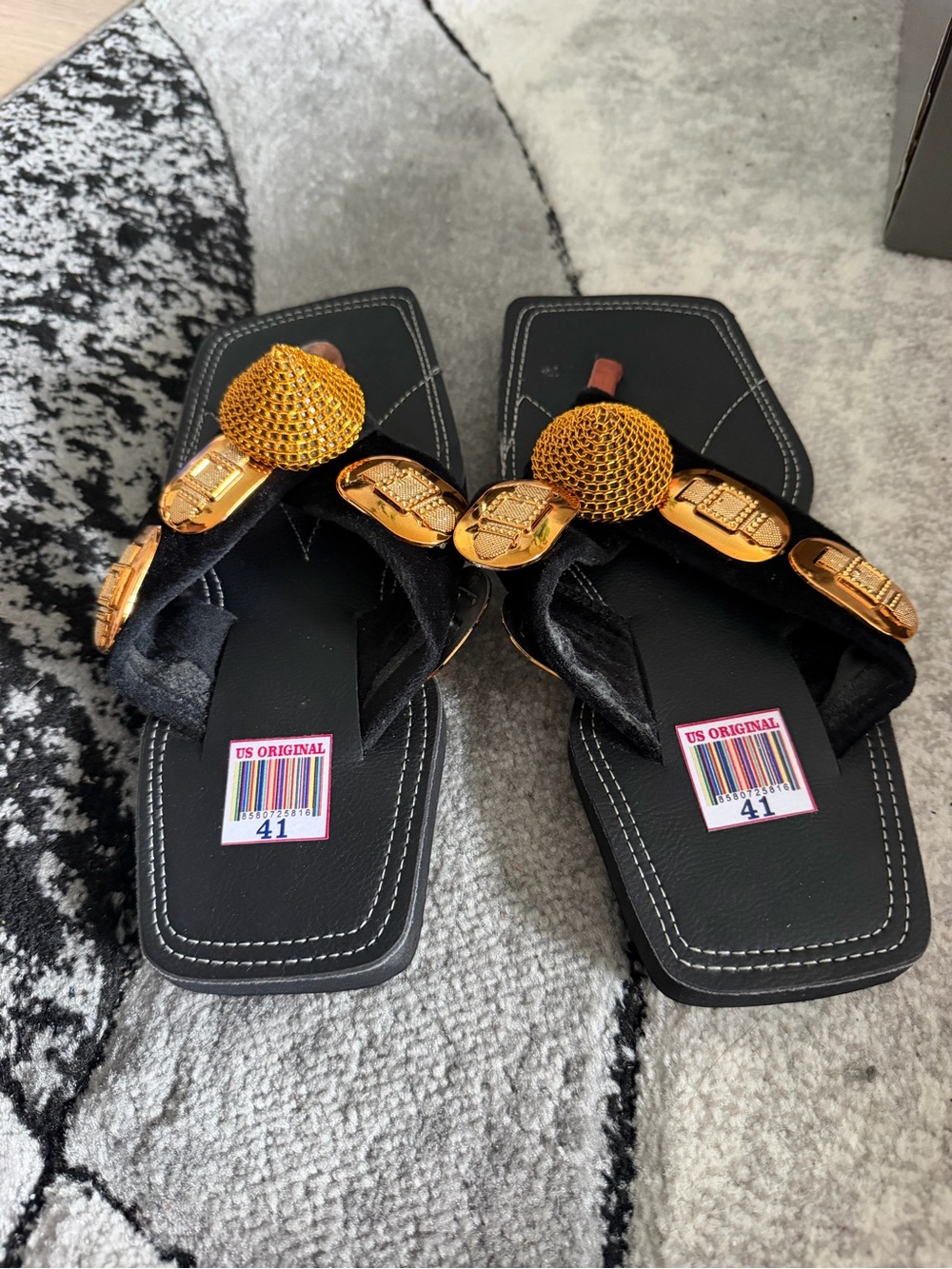 Black Women's Square-Toe Slide Sandals with Gold Accent